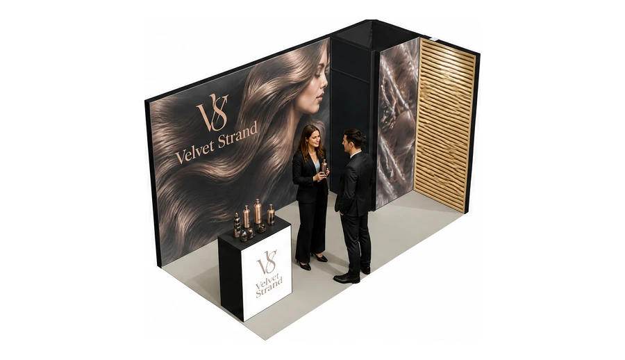 Stoisko 4 × 2 m narożne prawe dla branży fryzjerstwo i salony beauty, przykładowa marka Velvet Strand