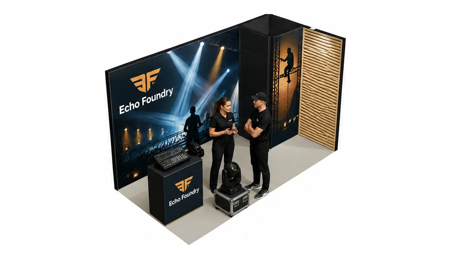 Stoisko 4 × 2 m narożne prawe dla branży branża eventowa, przykładowa marka Echo Foundry