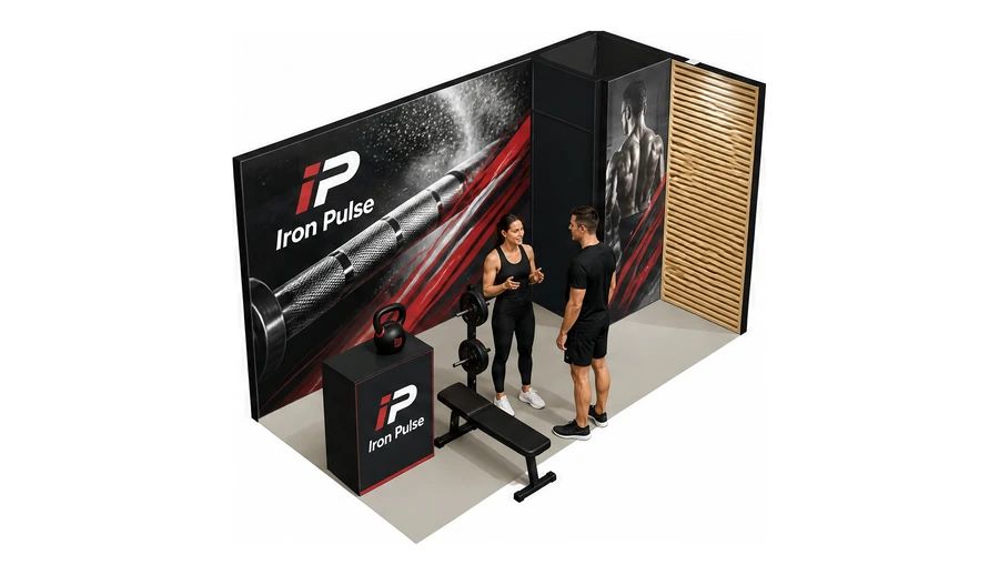 Stoisko 4 × 2 m narożne prawe dla branży fitness i siłownie, przykładowa marka Iron Pulse