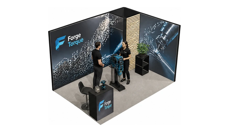 Stoisko 4 × 3 m narożne prawe dla branży elektronarzędzia, przykładowa marka Forge Torque