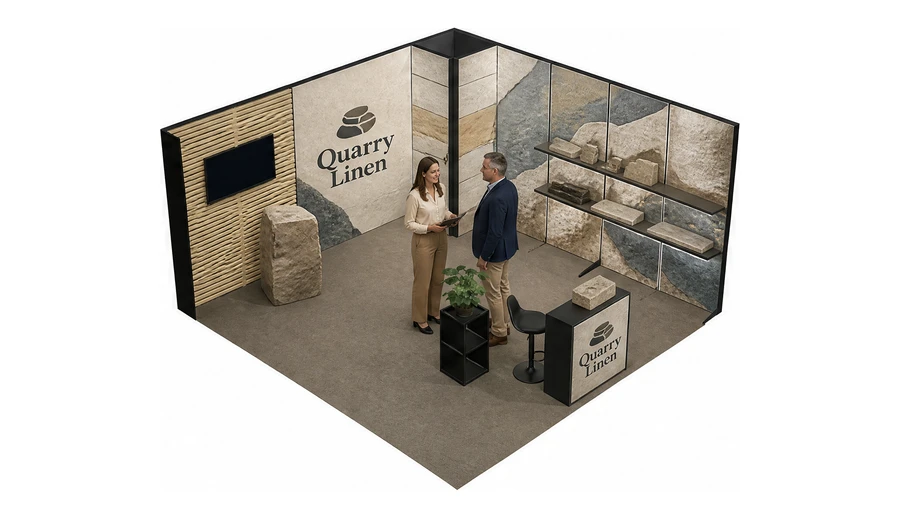 Stoisko 5 × 5 m narożne prawe dla branży kamień i kamieniarstwo, przykładowa marka Quarry Linen