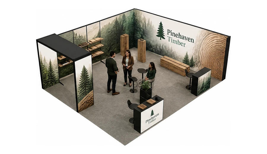 Stoisko 8 × 6 m narożne prawe dla branży leśnictwo i przemysł drzewny, przykładowa marka Pinehaven Timber