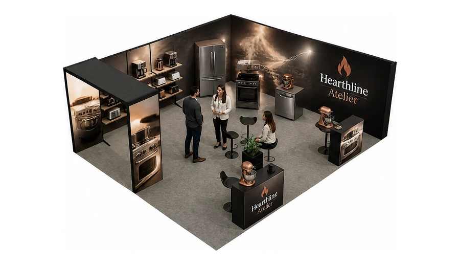 Stoisko 8 × 6 m narożne prawe dla branży sprzęt kuchenny i AGD, przykładowa marka Hearthline Atelier