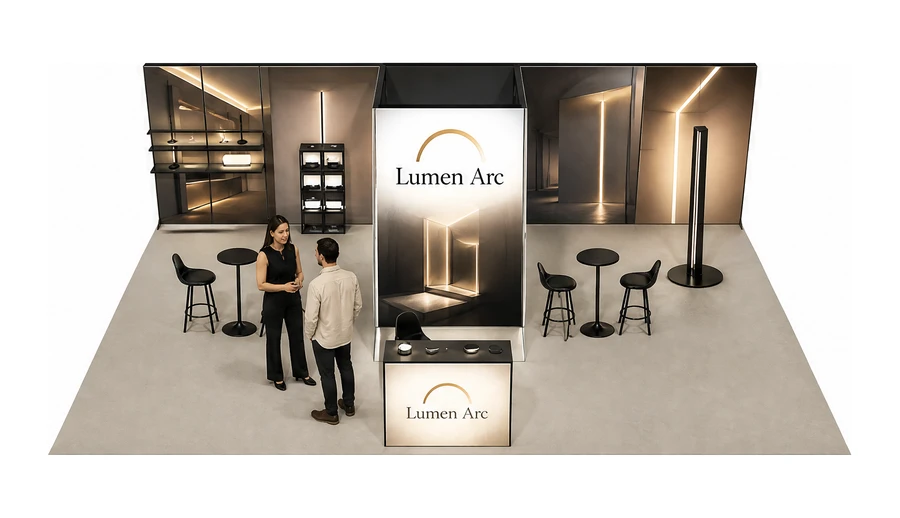 Stoisko 10 × 6 m półwyspowe dla branży oświetlenie, przykładowa marka Lumen Arc