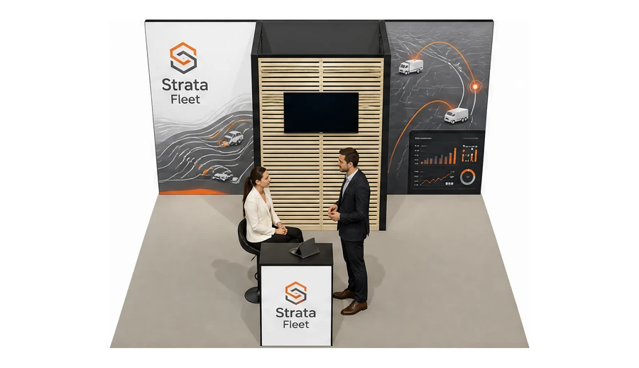 Stoisko 5 × 4 m półwyspowe dla branży flota i leasing aut, przykładowa marka Strata Fleet