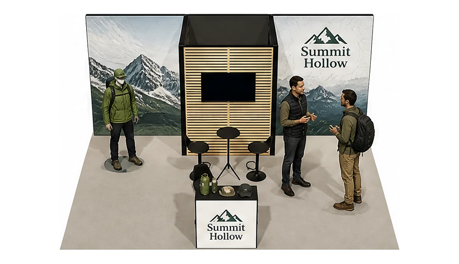 Stoisko 5 × 5 m półwyspowe dla branży odzież i sprzęt outdoorowy, przykładowa marka Summit Hollow