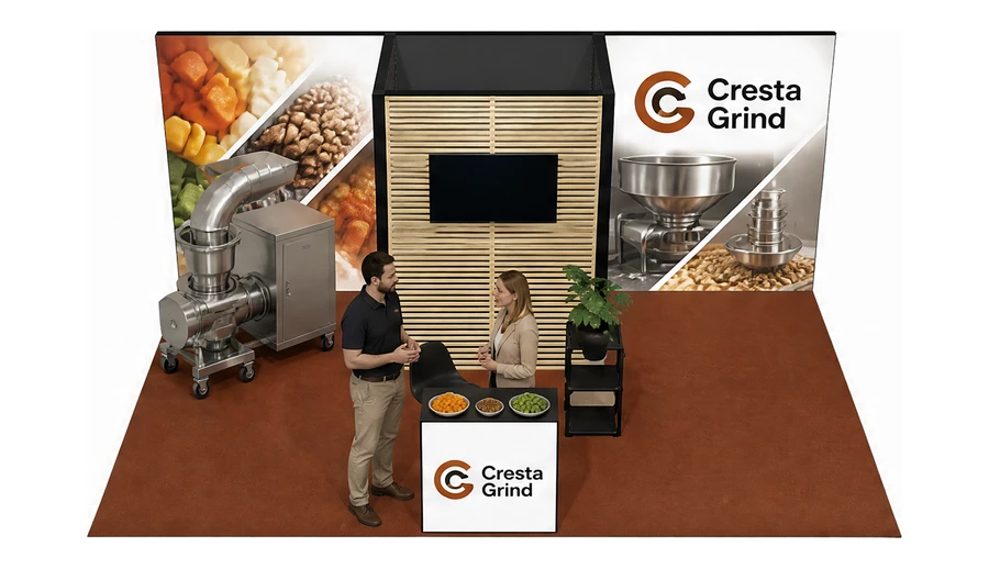 Stoisko 6 × 4 m półwyspowe dla branży technologie spożywcze, przykładowa marka Cresta Grind