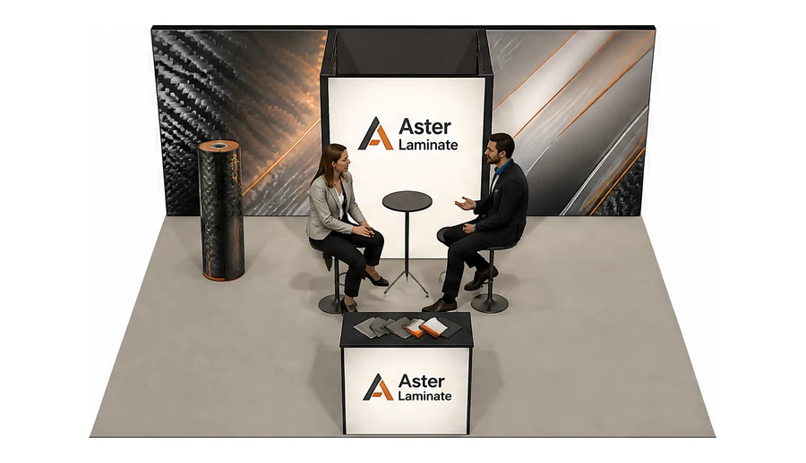 Stoisko 6 × 5 m półwyspowe dla branży materiały kompozytowe, przykładowa marka Aster Laminate