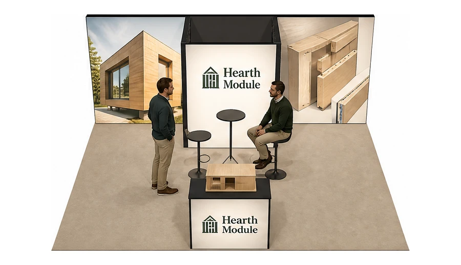 Stoisko 6 × 5 m półwyspowe dla branży domy modułowe i prefabrykacja, przykładowa marka Hearth Module