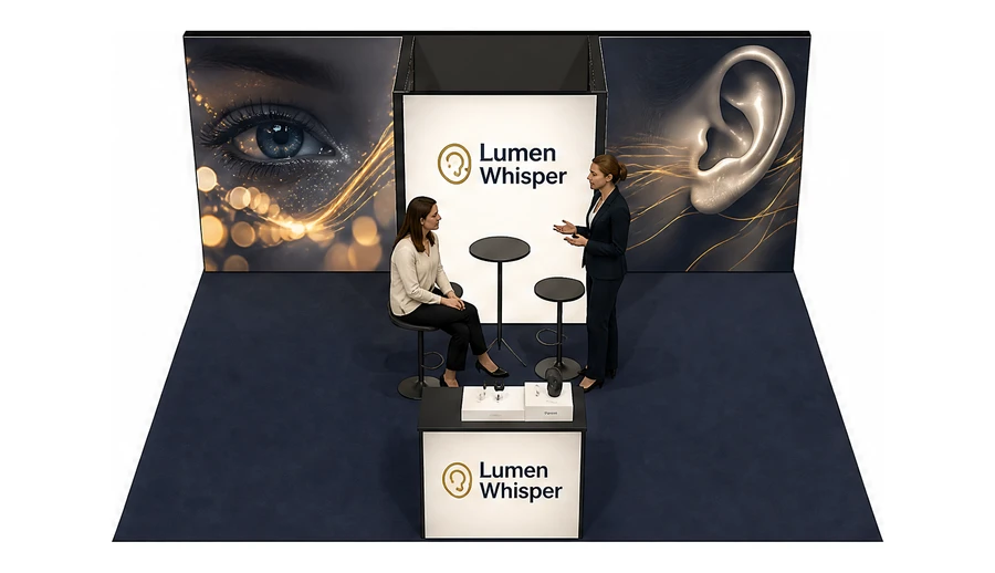 Stoisko 6 × 5 m półwyspowe dla branży optyka i audiologia, przykładowa marka Lumen Whisper