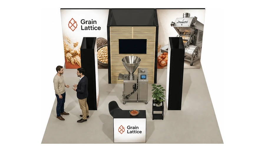 Stoisko 6 × 6 m półwyspowe dla branży technologie spożywcze, przykładowa marka Grain Lattice
