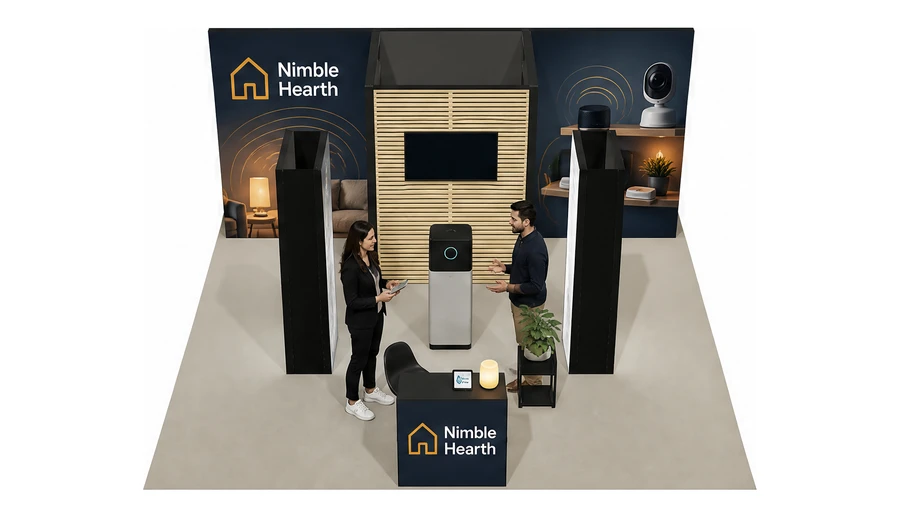 Stoisko 6 × 6 m półwyspowe dla branży smart home i IoT, przykładowa marka Nimble Hearth