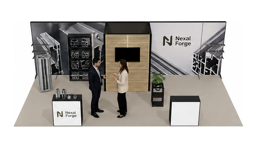 Stoisko 8 × 4 m półwyspowe dla branży profile aluminiowe, przykładowa marka Nexal Forge