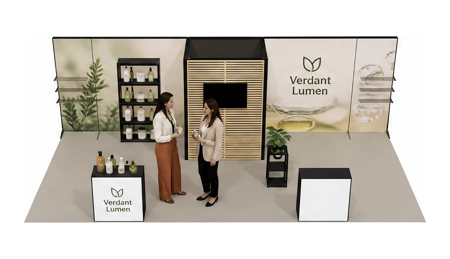 Stoisko 8 × 4 m półwyspowe dla branży kosmetyki naturalne, przykładowa marka Verdant Lumen