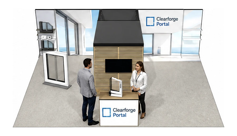 Stoisko 8 × 6 m półwyspowe dla branży okna i drzwi, przykładowa marka Clearforge Portal