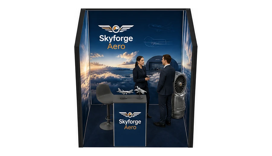 Stoisko 2 × 2 m szeregowe dla branży lotnictwo, przykładowa marka Skyforge Aero