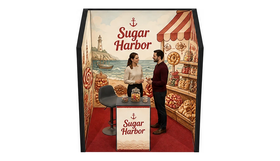 Stoisko 2 × 2 m szeregowe dla branży słodycze i przekąski, przykładowa marka Sugar Harbor