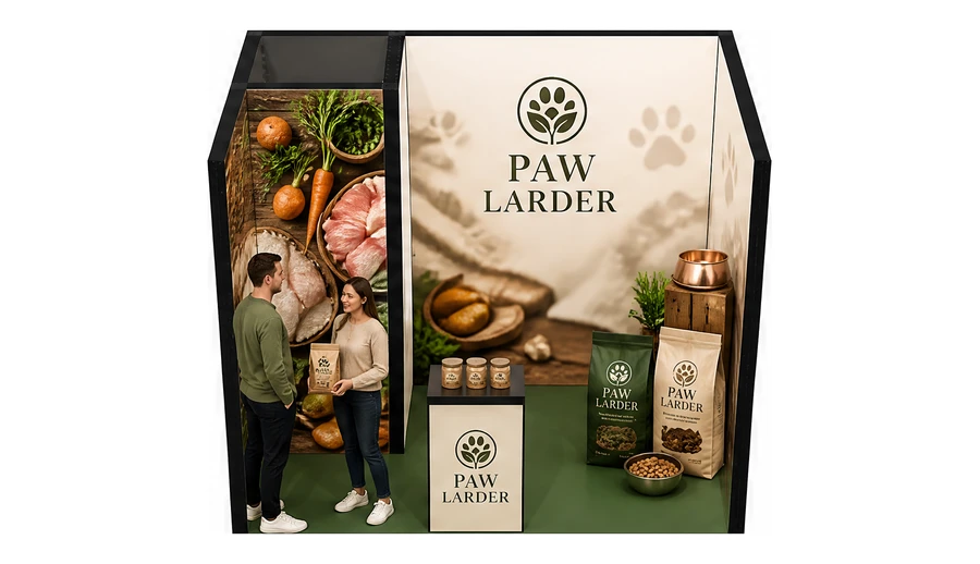Stoisko 3 × 2 m szeregowe dla branży karma dla zwierząt, przykładowa marka Paw Larder