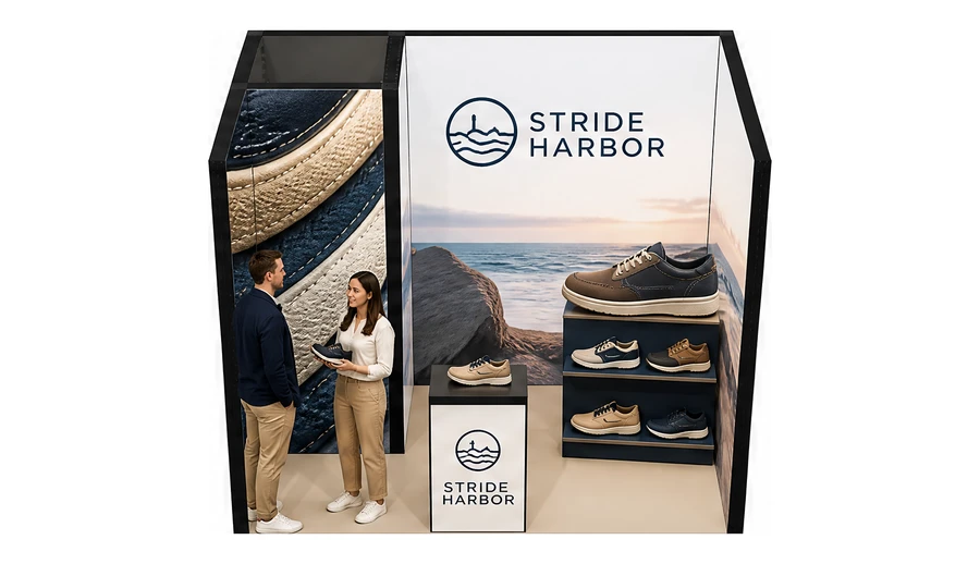 Stoisko 3 × 2 m szeregowe dla branży obuwie, przykładowa marka Stride Harbor