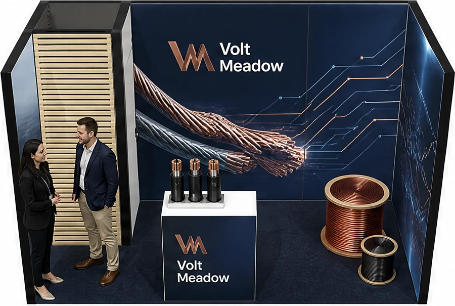 Stoisko 4 × 2 m szeregowe dla branży kable i elektrotechnika, przykładowa marka Volt Meadow