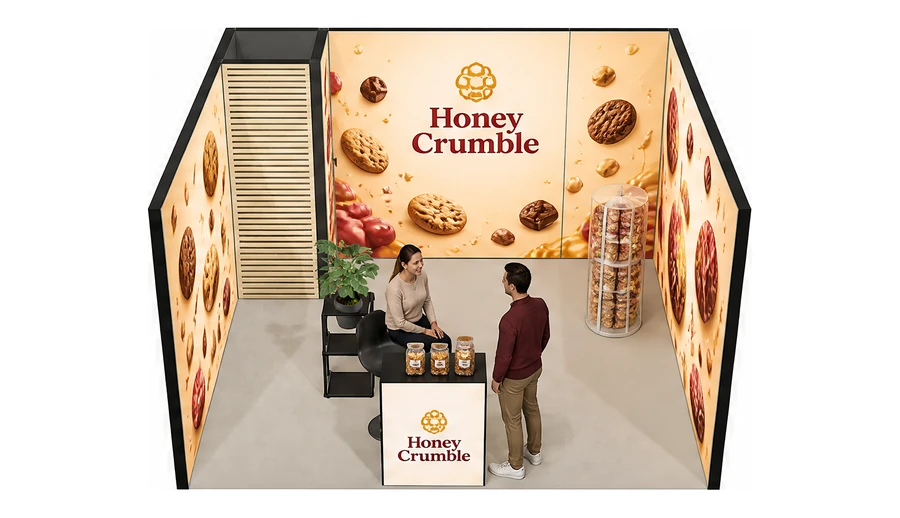 Stoisko 4 × 4 m szeregowe dla branży słodycze i przekąski, przykładowa marka Honey Crumble