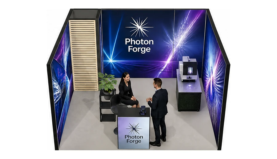 Stoisko 4 × 4 m szeregowe dla branży technika laserowa i fotonika, przykładowa marka Photon Forge