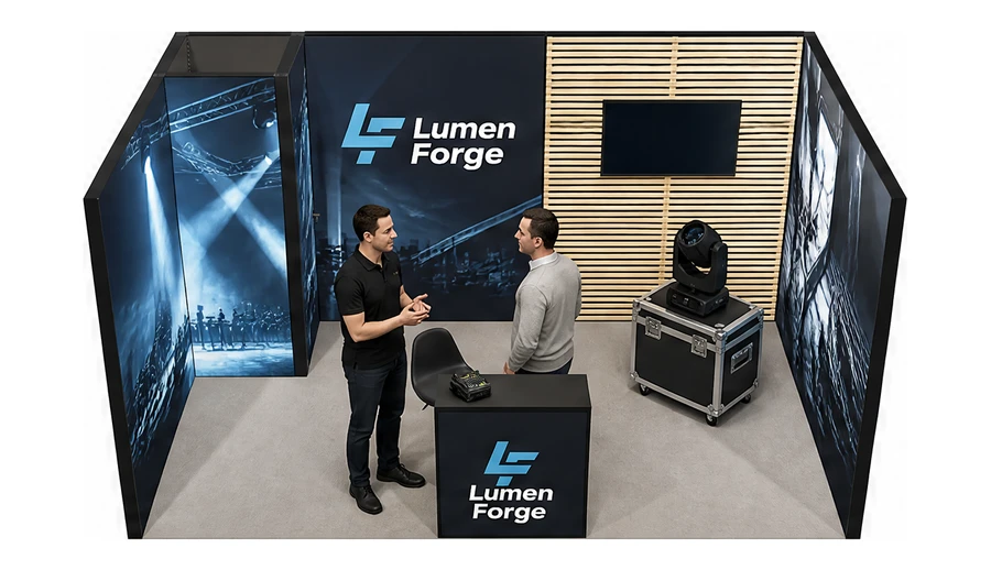 Stoisko 5 × 3 m szeregowe dla branży branża eventowa, przykładowa marka Lumen Forge