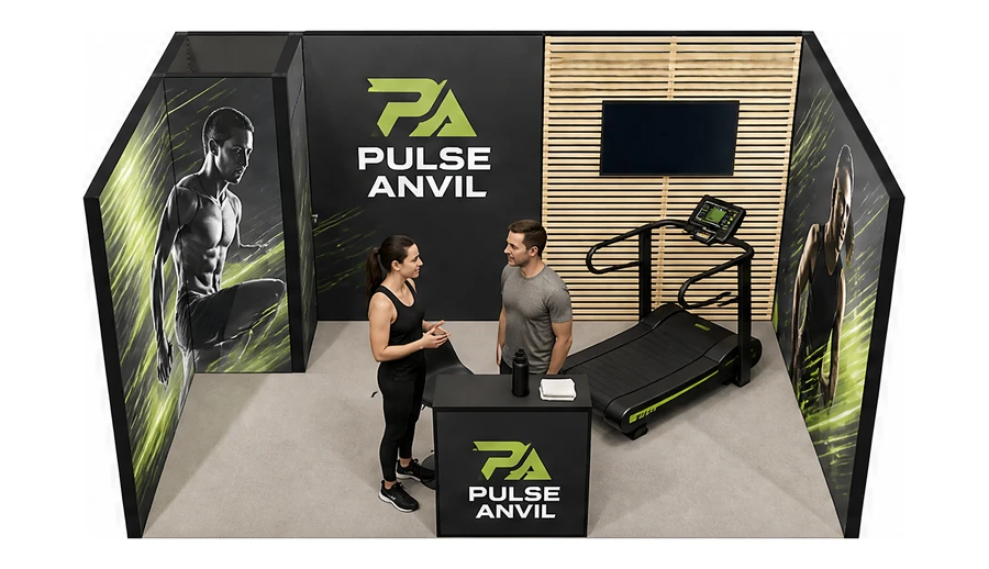 Stoisko 5 × 3 m szeregowe dla branży fitness i siłownie, przykładowa marka Pulse Anvil