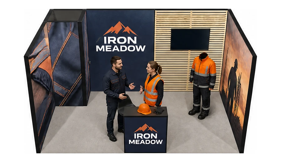 Stoisko 5 × 3 m szeregowe dla branży BHP i odzież ochronna, przykładowa marka Iron Meadow