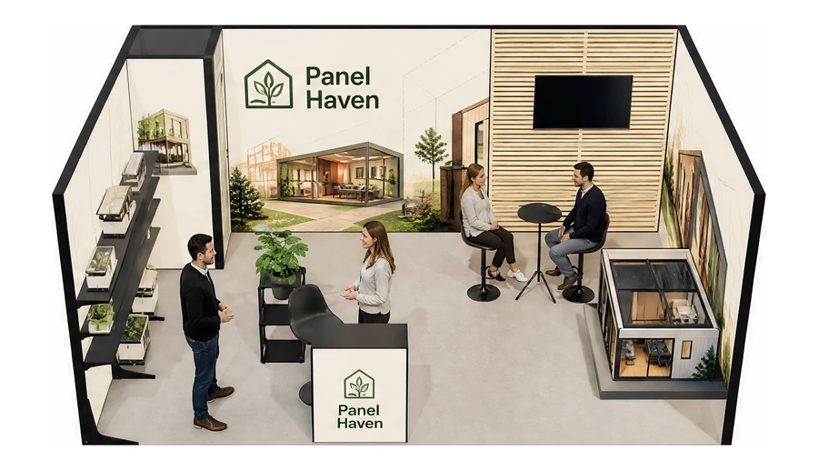 Stoisko 5 × 4 m szeregowe dla branży domy modułowe i prefabrykacja, przykładowa marka Panel Haven