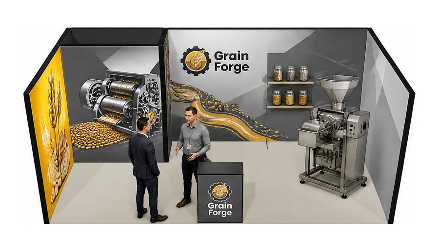 Stoisko 6 × 3 m szeregowe dla branży technologie spożywcze, przykładowa marka Grain Forge