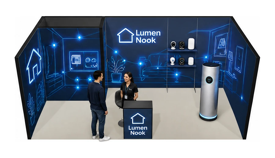 Stoisko 6 × 3 m szeregowe dla branży smart home i IoT, przykładowa marka Lumen Nook