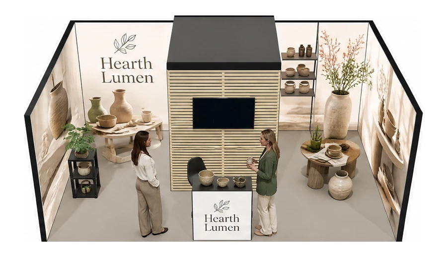 Stoisko 6 × 4 m szeregowe dla branży dekoracje i upominki, przykładowa marka Hearth Lumen