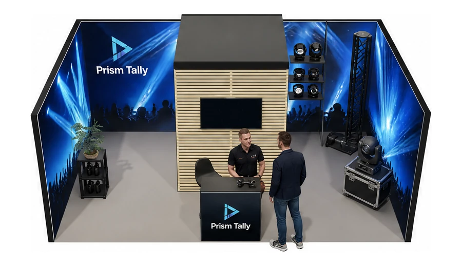 Stoisko 6 × 4 m szeregowe dla branży branża eventowa, przykładowa marka Prism Tally