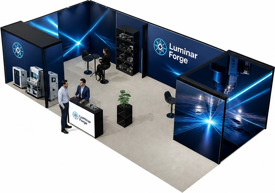 Stoisko 10 × 5 m narożne lewe dla branży technika laserowa i fotonika, przykładowa marka Luminar Forge
