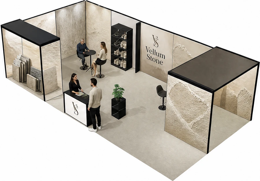 Stoisko 10 × 5 m narożne lewe dla branży wykończenie wnętrz, przykładowa marka Vellum Stone