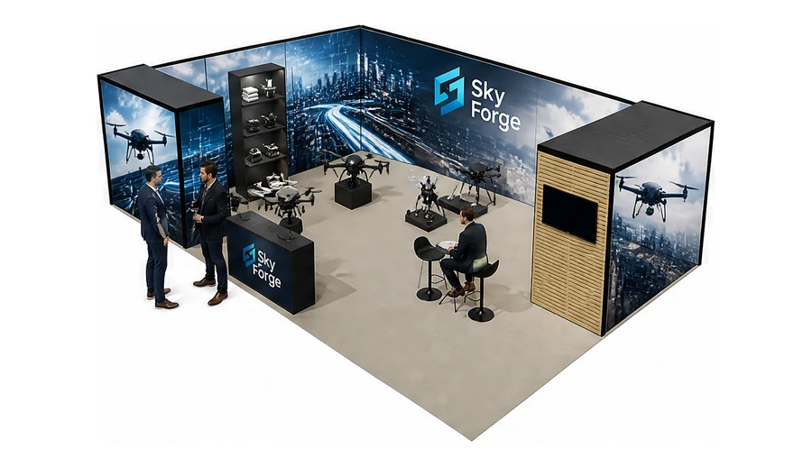 Stoisko 10 × 6 m narożne lewe dla branży drony i robotyka, przykładowa marka Sky Forge