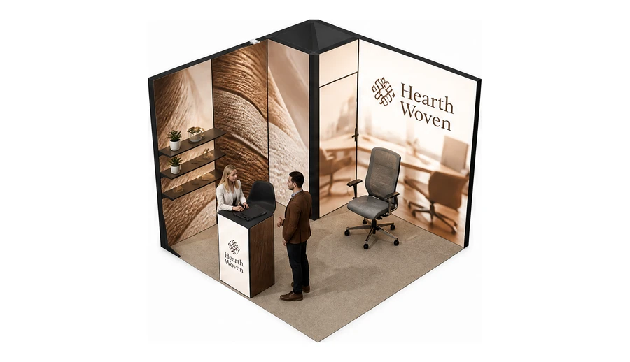 Stoisko 3 × 3 m narożne lewe dla branży meble biurowe, przykładowa marka Hearth Woven
