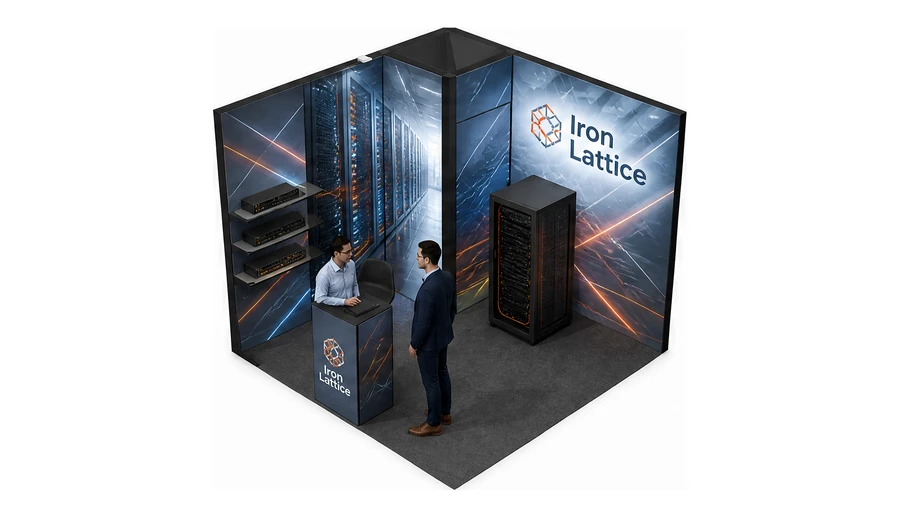 Stoisko 3 × 3 m narożne lewe dla branży infrastruktura IT i data center, przykładowa marka Iron Lattice