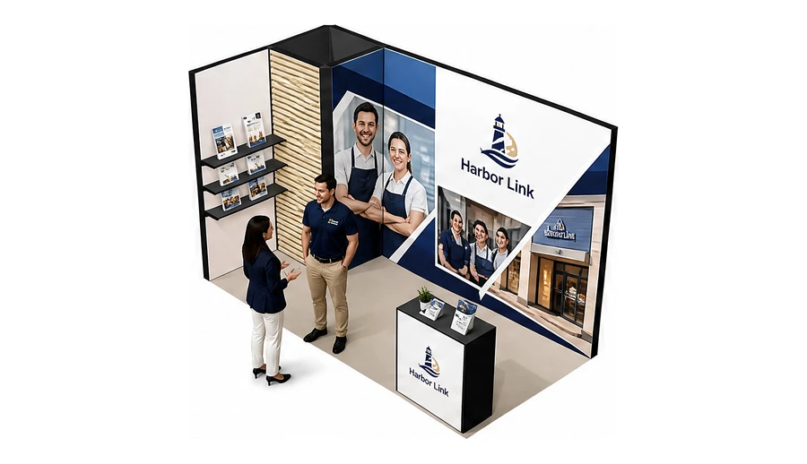 Stoisko 4 × 2 m narożne lewe dla branży franczyza i sieci, przykładowa marka Harbor Link