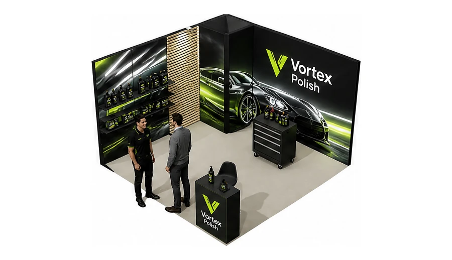 Stoisko 4 × 4 m narożne lewe dla branży tuning i detailing, przykładowa marka Vortex Polish