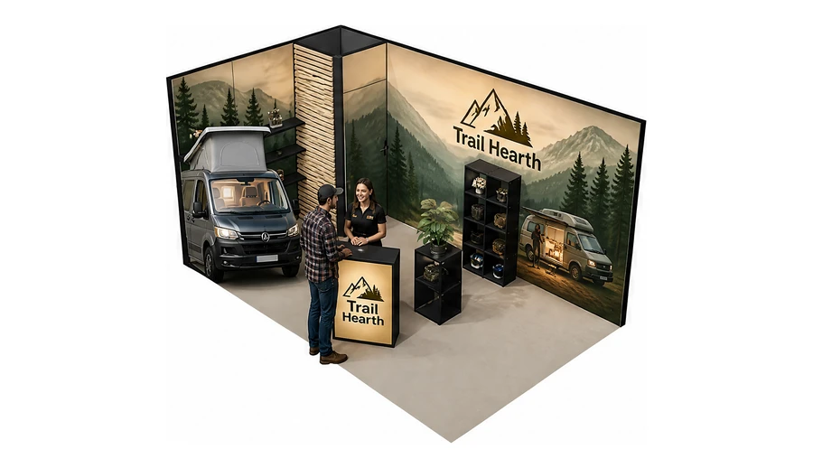 Stoisko 5 × 3 m narożne lewe dla branży caravaning i kampery, przykładowa marka Trail Hearth