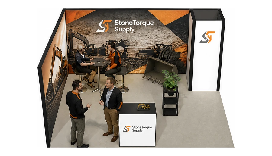 Stoisko 5 × 4 m narożne lewe dla branży maszyny budowlane, przykładowa marka StoneTorque Supply