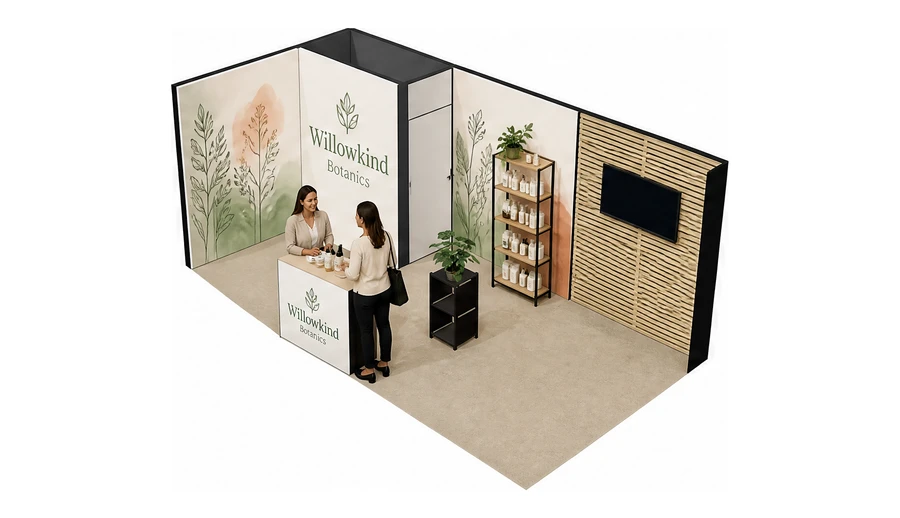 Stoisko 6 × 3 m narożne lewe dla branży kosmetyki naturalne, przykładowa marka Willowkind Botanics