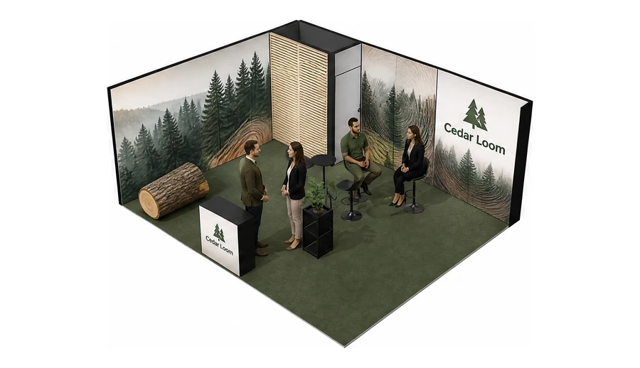 Stoisko 6 × 5 m narożne lewe dla branży leśnictwo i przemysł drzewny, przykładowa marka Cedar Loom