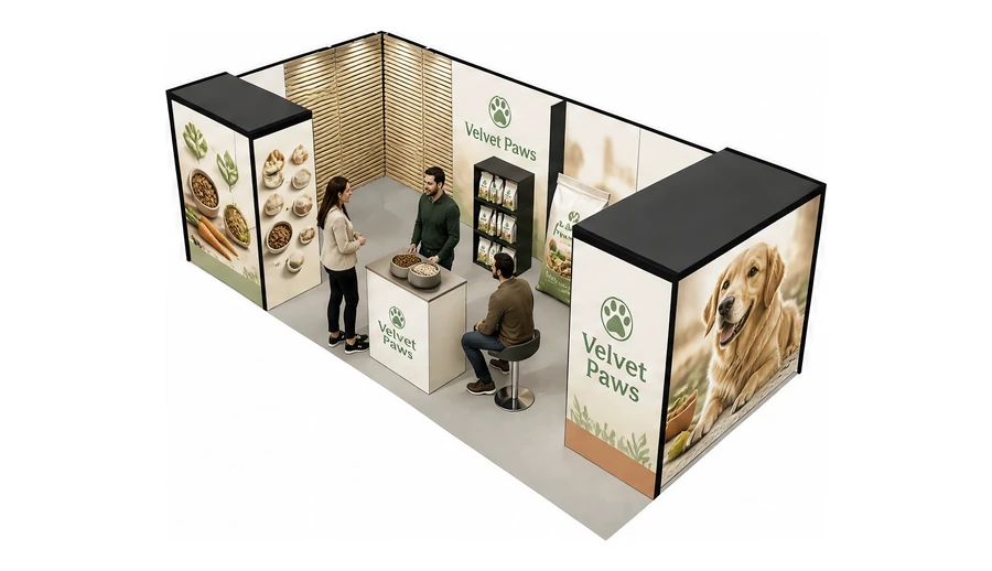 Stoisko 8 × 4 m narożne lewe dla branży karma dla zwierząt, przykładowa marka Velvet Paws
