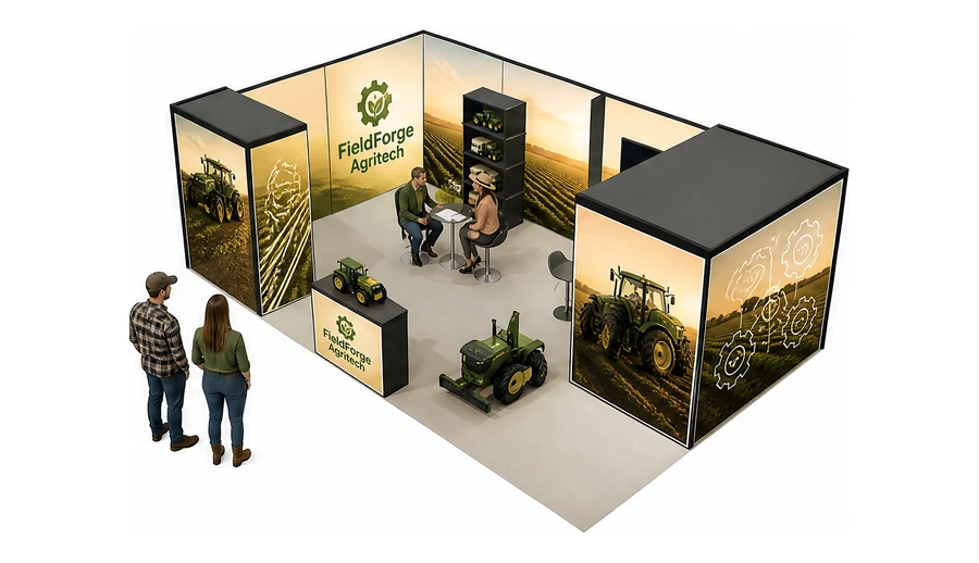 Stoisko 8 × 5 m narożne lewe dla branży maszyny rolnicze, przykładowa marka FieldForge Agritech
