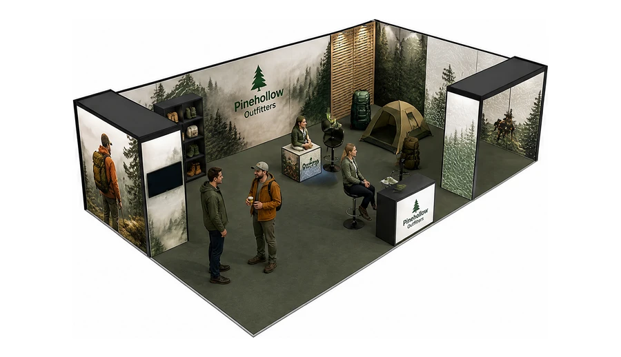 Stoisko 10 × 6 m narożne prawe dla branży odzież i sprzęt outdoorowy, przykładowa marka Pinehollow Outfitters