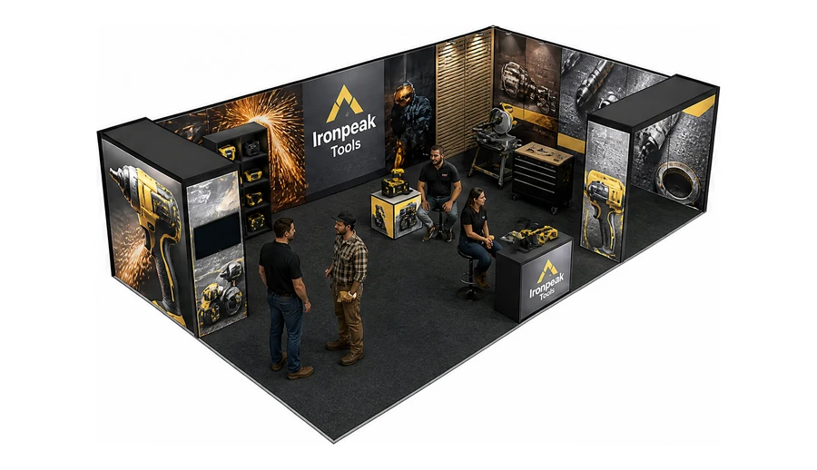 Stoisko 10 × 6 m narożne prawe dla branży elektronarzędzia, przykładowa marka Ironpeak Tools