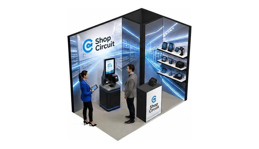 Stoisko 3 × 2 m narożne prawe dla branży technologie dla handlu, przykładowa marka Shop Circuit